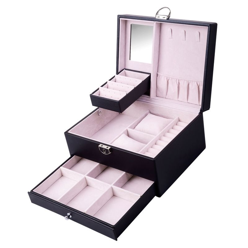 Viereckiges Luxus-Pink-Schwarzes Leder-Schmuck-Set/Ring/Ohrring/Halsband/Armband/Uhr-Speicher-Displaybox
