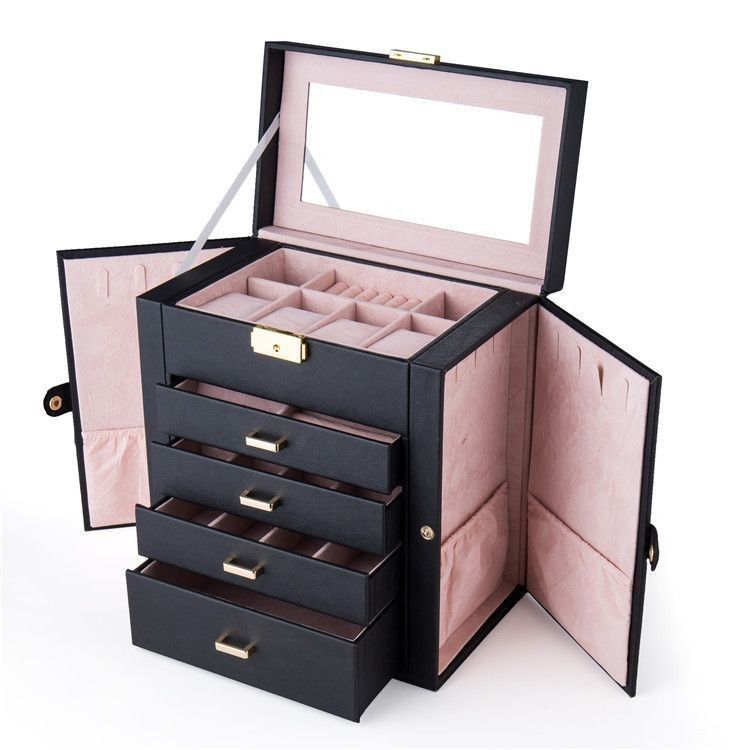 Viereckiges Luxus-Pink-Schwarzes Leder-Schmuck-Set/Ring/Ohrring/Halsband/Armband/Uhr-Speicher-Displaybox