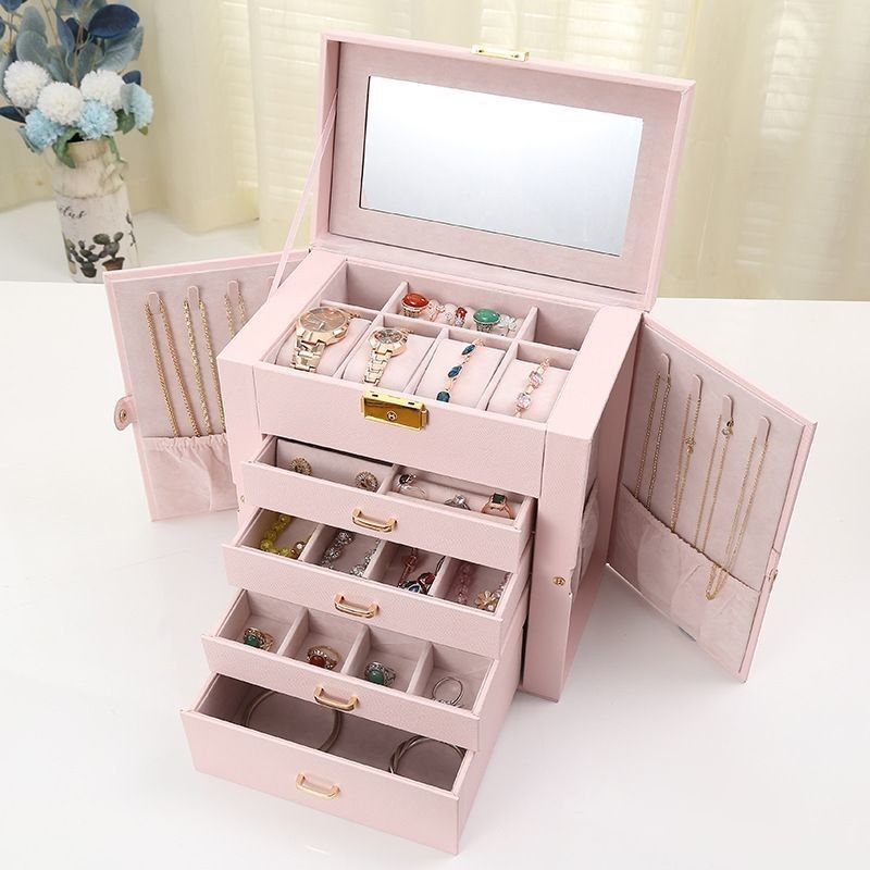 Viereckiges Luxus-Pink-Schwarzes Leder-Schmuck-Set/Ring/Ohrring/Halsband/Armband/Uhr-Speicher-Displaybox
